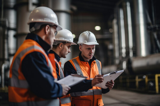 group of chemical industry plant workers in work clothes discussing plans and strategies, standing near a complex system of pipes and valves, generative ai