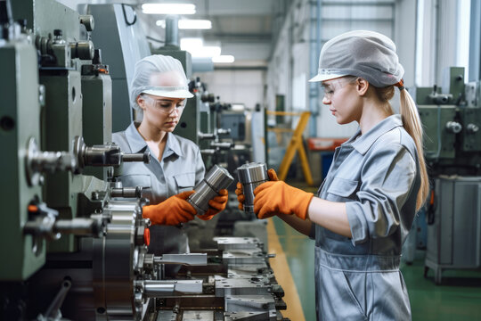 group of female workers in hard hats assembling machinery parts on a production line, generative ai