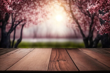 Empty Wooden Table Display with Pink Cherry Blossom Background, generative AI