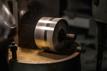 Fototapeta na wymiar Image of cylindrical metal part being polished with abrasive wheel in factory, generative ai