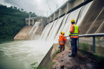 Hydroelectric dam with cascading water, workers in safety gear inspecting the infrastructure, surrounded by lush greenery, generative ai - obrazy, fototapety, plakaty