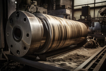 Image of cylindrical part being shaped with abrasive wheel in manufacturing plant, generative ai