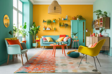 Interior of a room with colorful furniture made with Generative AI