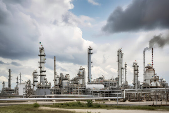 Industrial landscape featuring a large petrochemical plant with distillation towers, storage tanks, and pipelines against a cloud-filled sky, generative ai