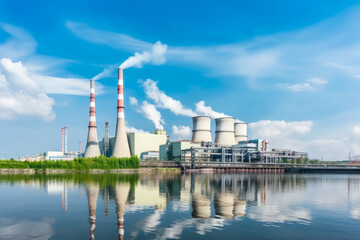 Industrial Power Plant with Smokestacks and Electricity Pylons, generative ai