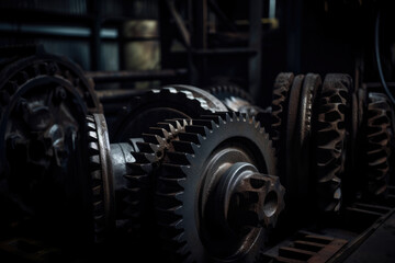 Large gear wheels coated in oil, set against a dark, shadowy industrial setting, evoking a gritty atmosphere, generative ai