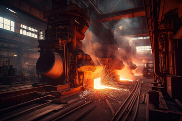 Large steel mill with sparks flying from molten metal, showcasing the production of raw steel materials, generative ai