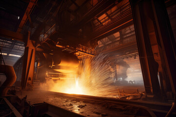 Plakat Large steel mill with sparks flying from molten metal, showcasing the production of raw steel materials, generative ai