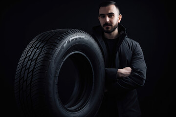 Obraz na płótnie Canvas Mechanic expertly holding a new car tire against a dark background, showcasing the tire's quality and design, with ample copy space for text, generative ai