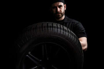 Obraz na płótnie Canvas Mechanic presenting a new, high-quality car tire in a professional manner, with a sleek black background providing ample space for custom text, generative ai