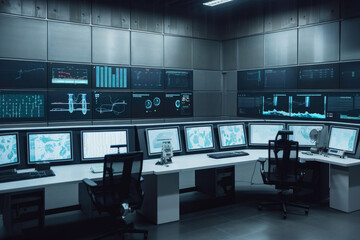 Modern control room of an oil and gas production facility, featuring large screens displaying real-time data and analytics, generative ai