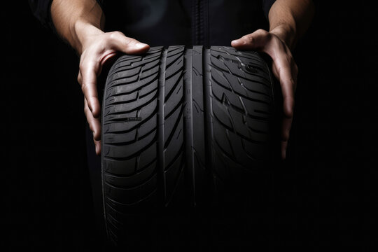 Mechanic Presenting A New, High-quality Car Tire In A Professional Manner, With A Sleek Black Background Providing Ample Space For Custom Text, Generative Ai