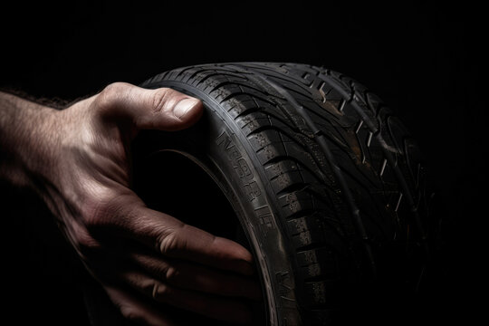 Mechanic's hands expertly cradling a new car tire, emphasizing its durability and tread design, complemented by a dark background and space for text, generative ai