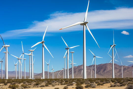 Massive wind turbines generating clean energy in a wind farm, powering nearby cities, generative ai