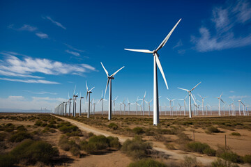 Modern wind farm with rows of towering wind turbines on a vast plain under blue sky", generative ai