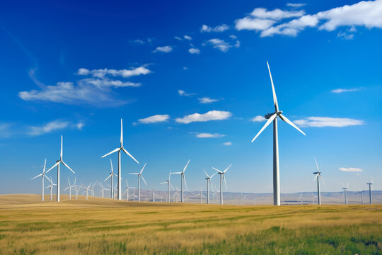 Modern wind farm with rows of towering wind turbines on a vast plain under blue sky", generative ai