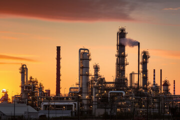 Fototapeta na wymiar Oil refinery at sunset with silhouettes of workers, complex piping, and storage tanks, emitting smoke into the sky, generative ai
