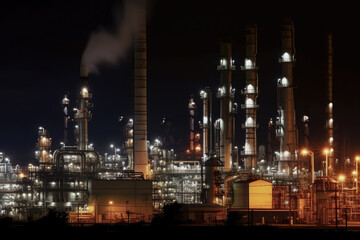 Obraz na płótnie Canvas Oil refinery illuminated at night, with numerous pipelines and storage tanks depicting fossil fuel industry, generative ai