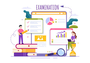 Fototapeta na wymiar Examination Paper Illustration with Online Exam, Form, Papers Answers, Survey or Internet Quiz in Flat Cartoon Hand Drawn for Landing Page Templates