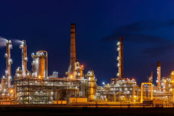 Oil refinery illuminated at night, with numerous pipelines and storage tanks depicting fossil fuel industry, generative ai