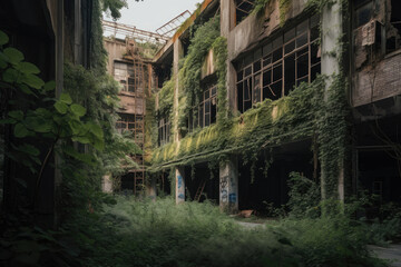 Fototapeta na wymiar old abandoned factory with overgrown vegetation and broken windows, generative ai