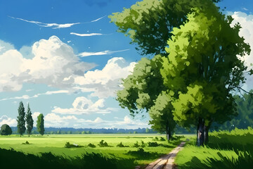 Obraz premium Green fields in the summer with grass, trees, white clouds, and a clear sky. backdrop scenery