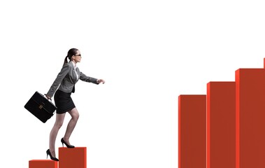 Businesswoman climbing bar chart in economic recovery concept