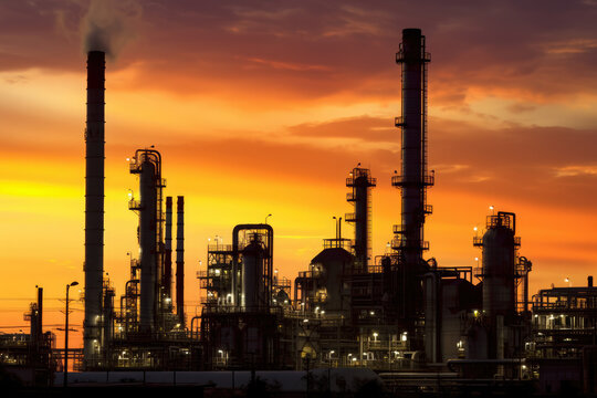 Oil Refinery At Sunset With Silhouettes Of Workers, Complex Piping, And Storage Tanks, Emitting Smoke Into The Sky, Generative Ai