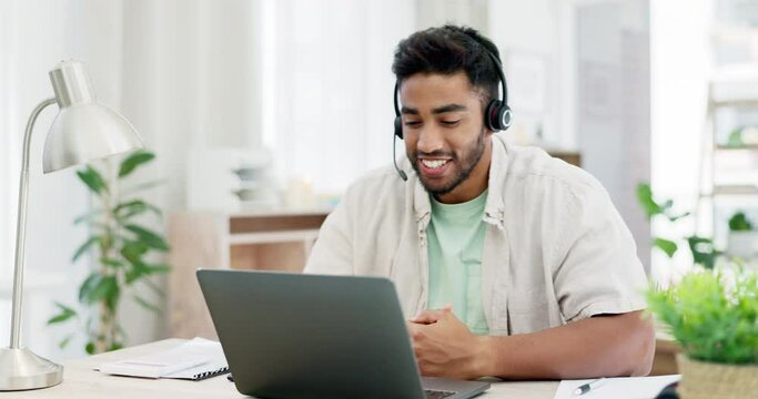 Headphones, man and laptop for webinar, greeting and conversation in living room. Male, guy and person with device, headset and online conference for training, virtual chat and wave to start meeting