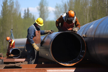 Pipeline welding site with workers in protective gear, using welding equipment to join sections of large diameter pipes, generative ai - obrazy, fototapety, plakaty