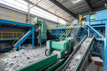 Plastic recycling plant with workers sorting various plastic materials, conveyor belts transporting the waste, machinery processing the materials, generative ai
