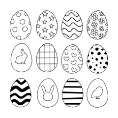 Vector set of hand drawn flat outline Easter egg isolated on white background