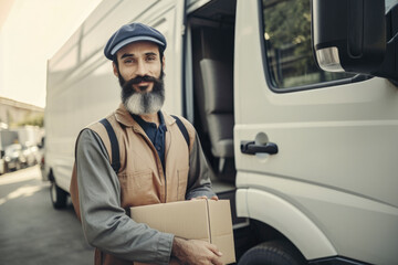 Portrait of a delivery driver in work clothes wearing a hard hat and carrying a package, standing in front of a delivery truck, generative ai