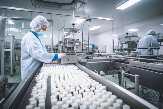 Pharmaceutical factory with workers in lab coats and protective gear monitoring the production of medicine, conveyor belts with pill bottles, generative ai