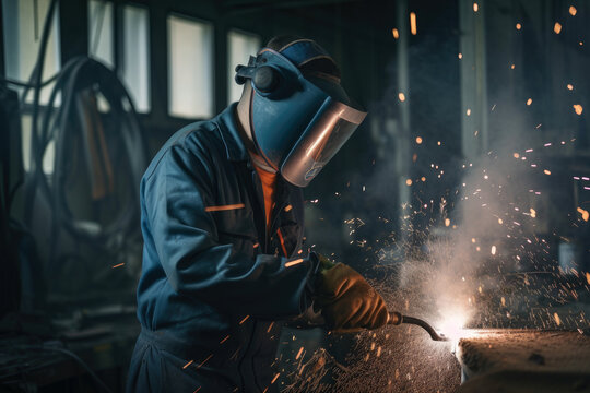 Portrait of a factory worker in work clothes wearing safety gear and operating a heavy machinery, with sparks flying in the air, generative ai