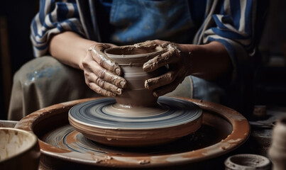 Hands Crafting Ceramic Bowl On A Pottery Wheel. Generative AI.