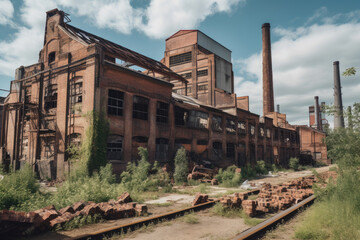Fototapeta na wymiar Rustic brick factory building with smokestacks and conveyor belts, generative ai