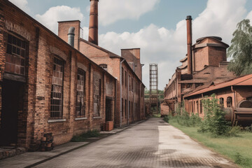 Rustic brick factory building with smokestacks and conveyor belts, generative ai