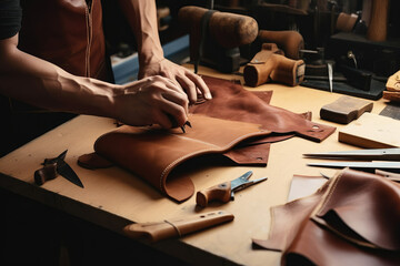 Skilled craftsmen working in a traditional leather workshop, crafting handbags, wallets, and accessories, generative ai - obrazy, fototapety, plakaty