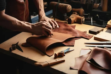 Deurstickers Skilled craftsmen working in a traditional leather workshop, crafting handbags, wallets, and accessories, generative ai © aicandy
