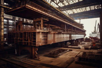 Naklejka premium Shipyard with large cranes and workers constructing a cargo ship, welding and assembling massive steel plates, generative ai