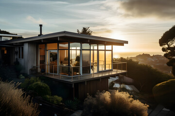 late century modern home at sunset