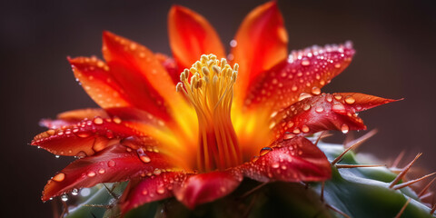 Fototapeta premium Close-up Beautiful cactus flower with water droplets. digital art
