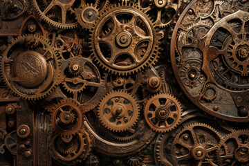 Steampunk-inspired gear wheels embedded in a clockwork mechanism, set against an antique, textured background, generative ai - obrazy, fototapety, plakaty