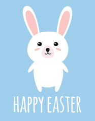 Vector flat hand drawn bunny rabbit with happy Easter lettering isolated on blue background