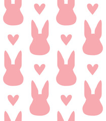 Vector seamless pattern of flat rabbit bunny face silhouette and hearts isolated on white background