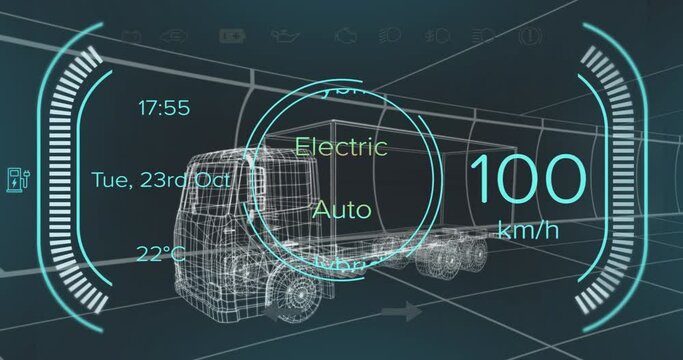 Animation of 3d model of car with digital interface and data processing