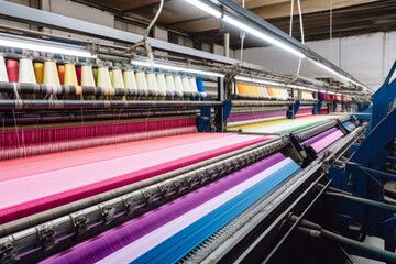 Textile factory with machines weaving colorful fabric, showcasing the production process of clothing, generative ai