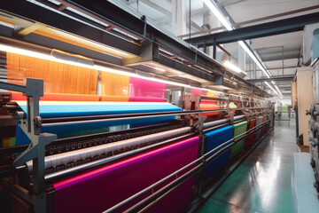 Textile factory with workers operating high-speed weaving machines to produce colorful fabric, generative ai