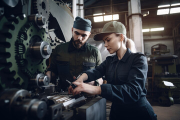 Obraz na płótnie Canvas Two maintenance engineers, a man and a woman, closely inspecting a large industrial machine with safety equipment and tools in their hands, generative ai